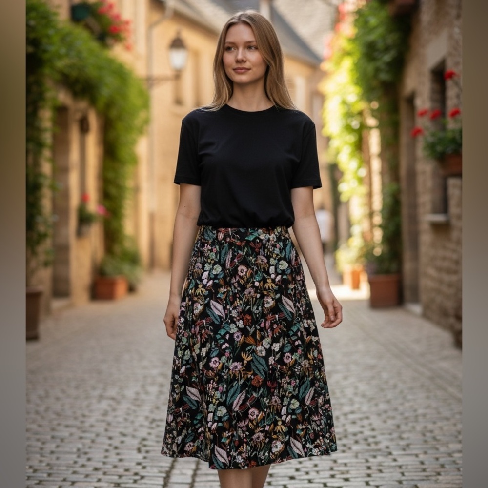 Christopher & Banks Black Floral Midi Skirt Brand New with Tag $45 Retail